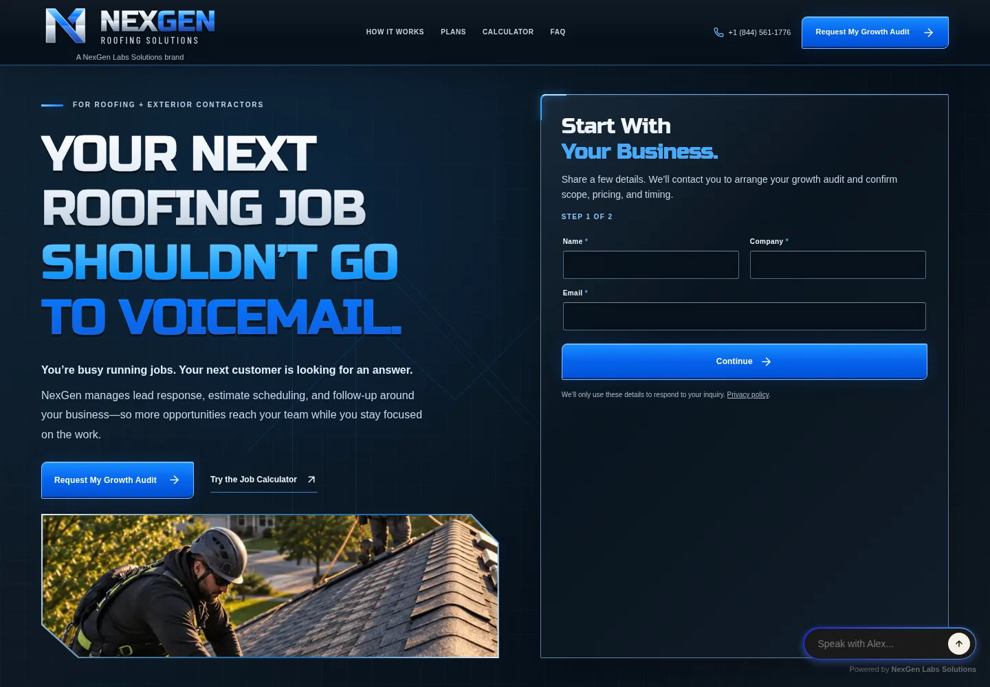 Screenshot of the NexGen Roofing Solutions managed growth website