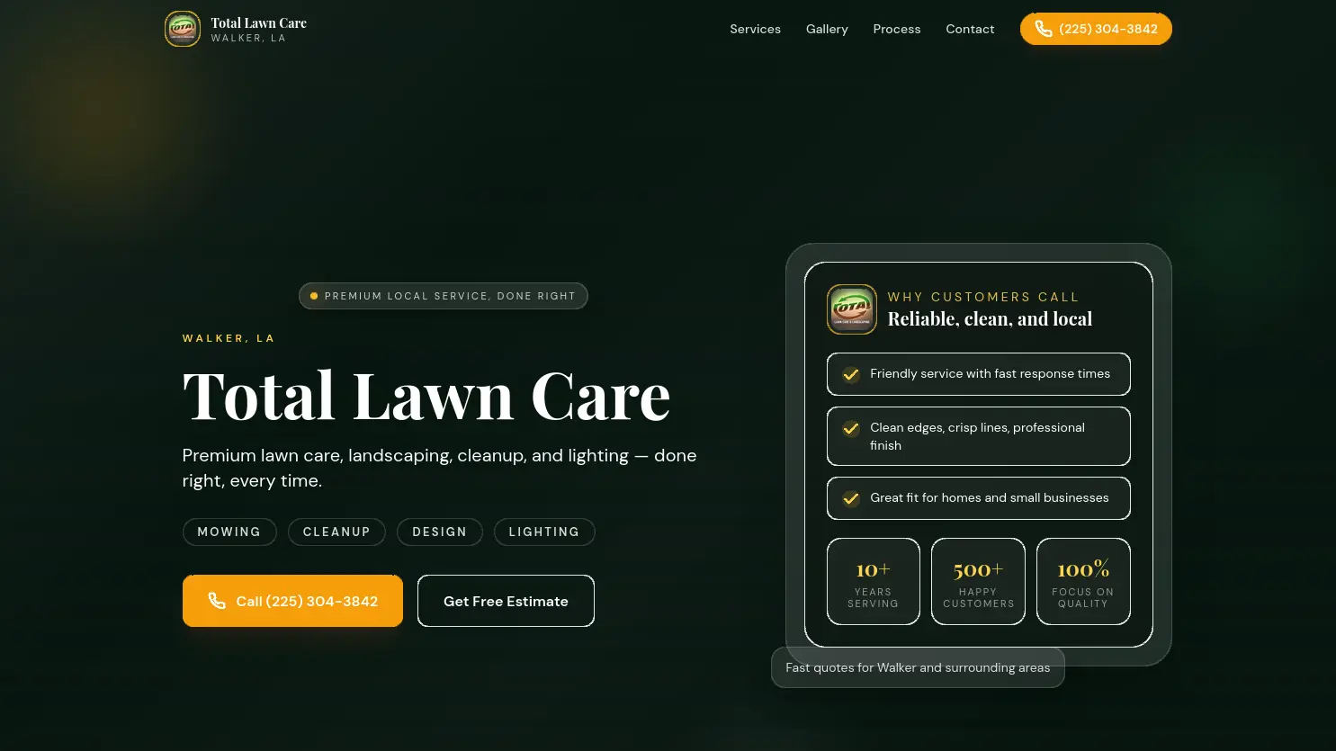 Screenshot of the Total Lawn Care and Landscaping website